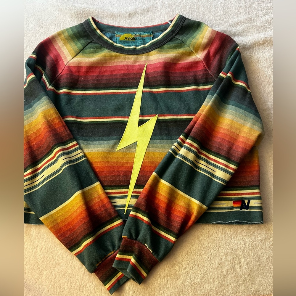 Aviator Nation Cropped Sweatshirt Neon Bolt Stitch Blue Tulum Serape Print